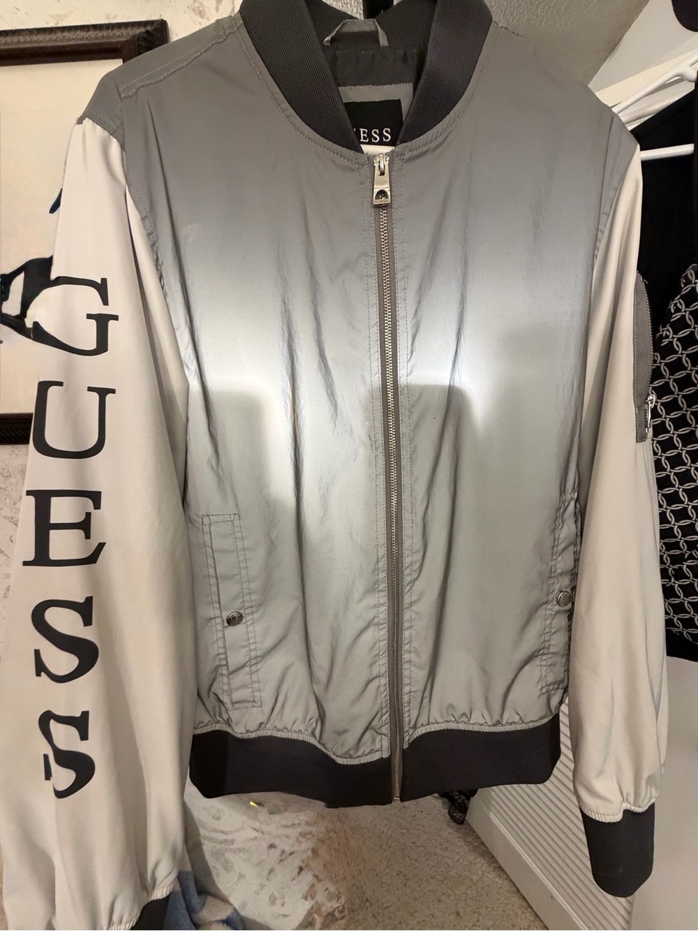 GUESS Los Angeles Reflective Metallic Bomber Jacket with White Sleeves men’s M